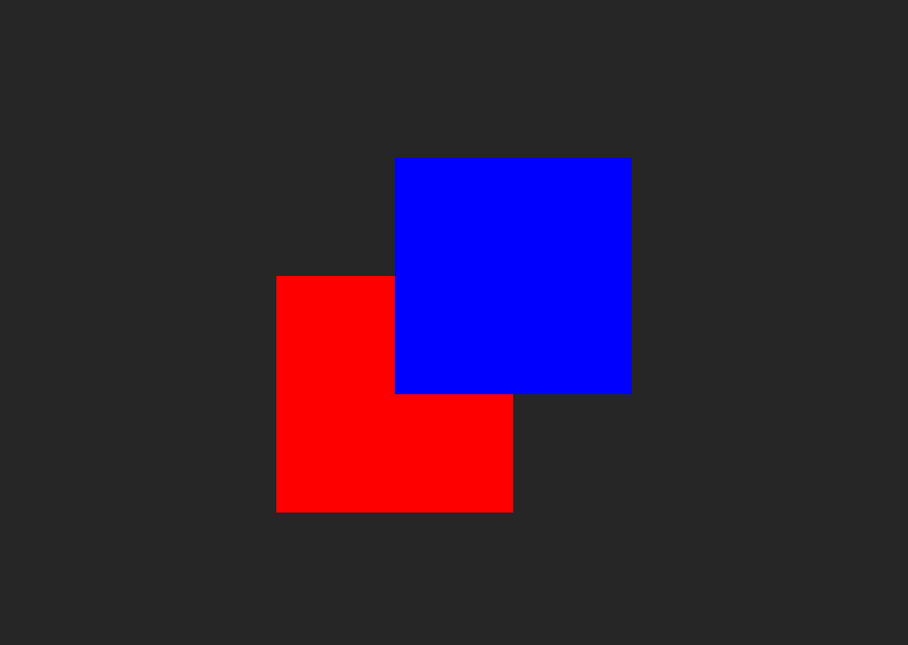 Screenshot of a red square offset from the centre towards the bottom right partially obscured by a blue square offset to the top right