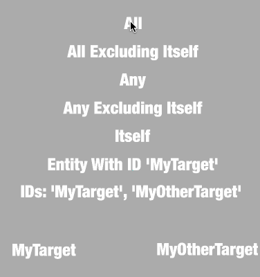 Animated gif showing all of the different targeting options as white text on a grey background. From top to bottom, we have All, All Excluding Itself, Any, Any Excluding Itself, Itself, Entity With ID 'MyTarget', IDs: `MyTarget', 'MyOtherTarget'. Then at the bottom there are two labels side by side called 'MyTarget' and 'MyOtherTarget'. Clicking on any of the labels causes an explosion to occur depending on the label (e.g. clicking All will cause an explosion to appear over all the labels)