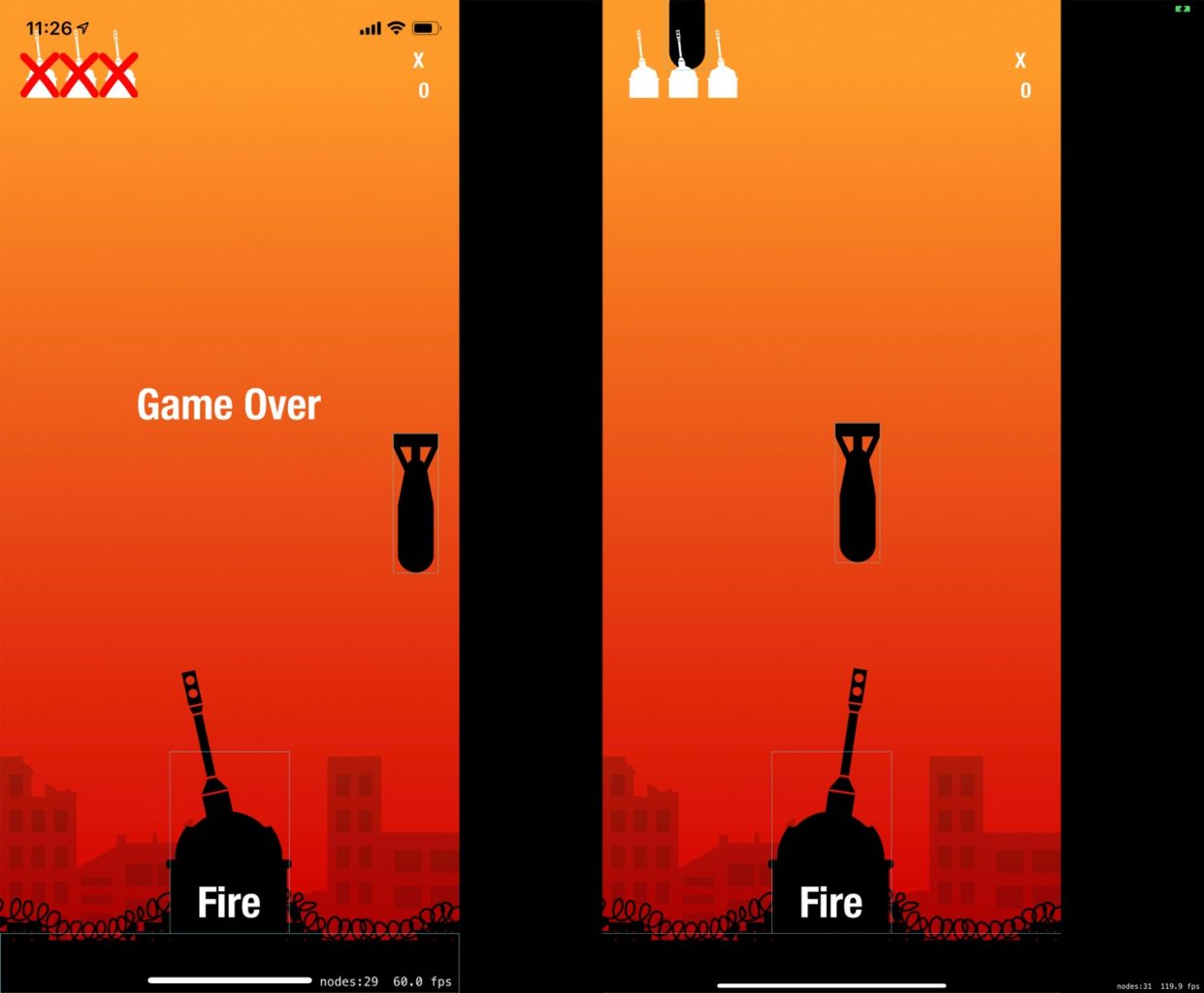 Side-by-side screenshots of Swivel Turret on an iPhone X vs on an iPad. The iPhone version fills up the screen entirely whereas the iPad version has black bars surrounding the game scene on the left and right sides.