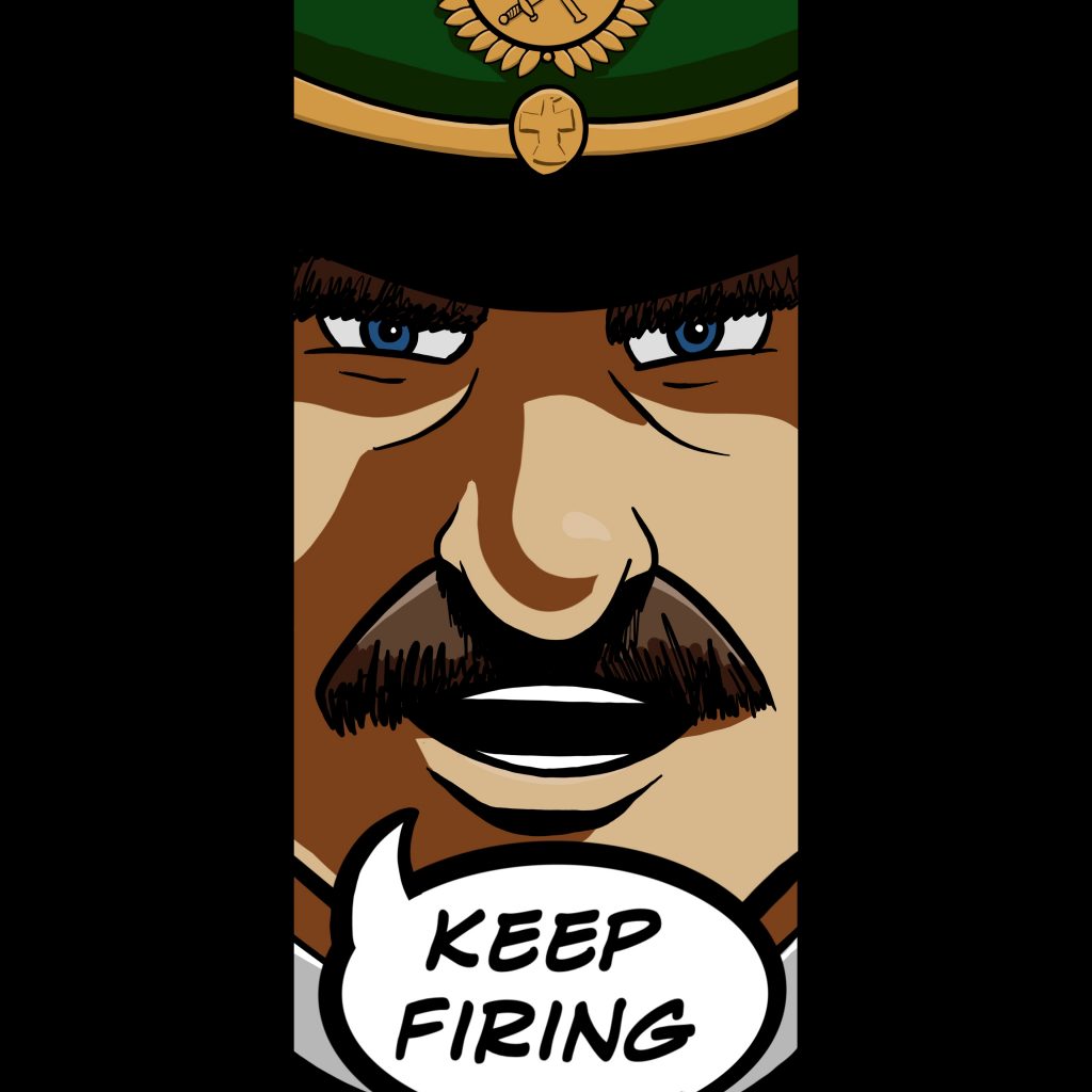 Panel 3 of my Swivel Turret intro comic. Even more extreme close up of the commander. He is saying 'Keep firing'
