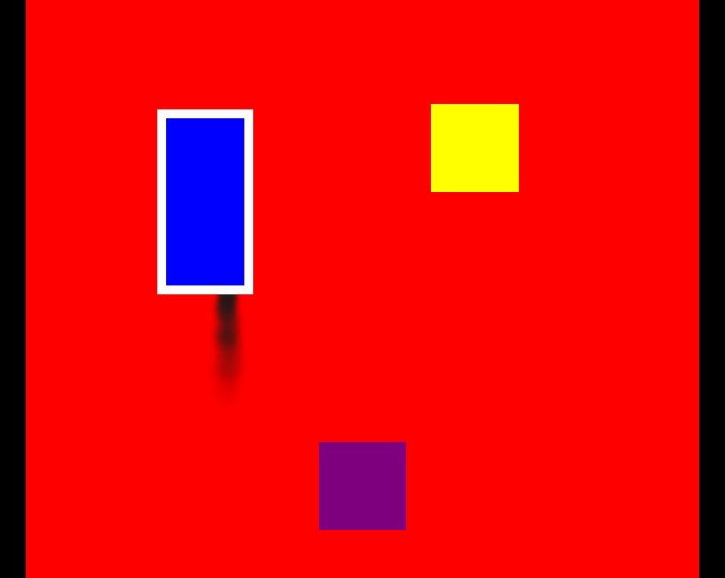 Screenshot of the blue 'car' emitting smoke. There is a white square around only the purple rectangle to indicate the hit test area