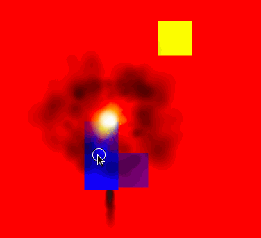 Animated gif showing the blue 'car' with a huge explosion halo thing coming out of the top and the exhaust coming out of the bottom. Tapping on the purple square even while its covered with all this explosion noise causes it to disappear. The car responds to being dragged around the scene as it should