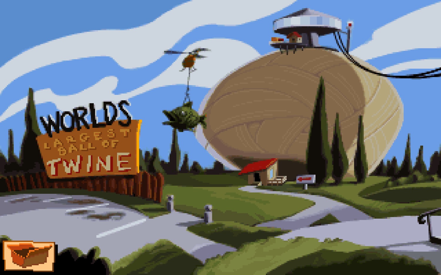 Screenshot of a Giant Ball of Twine with a dirty-looking parking lot next to the sign. There's a helicopter carrying a giant fish on its way up to the observation deck at the top.