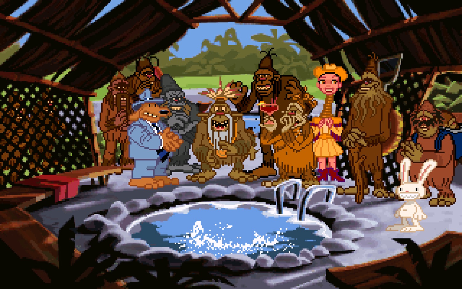 Screenshot of Sam and Max and a large group of Sasquatch standing around a hot tub (which has now been converted into a cauldron)