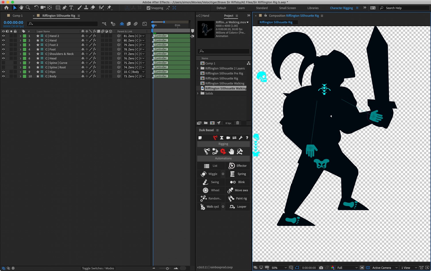 Screenshot of the After Effects UI. In the middle of the screen is a knight silhouette being rigged. It has a bunch of 'bones' and icons representing limbs surrounding it.