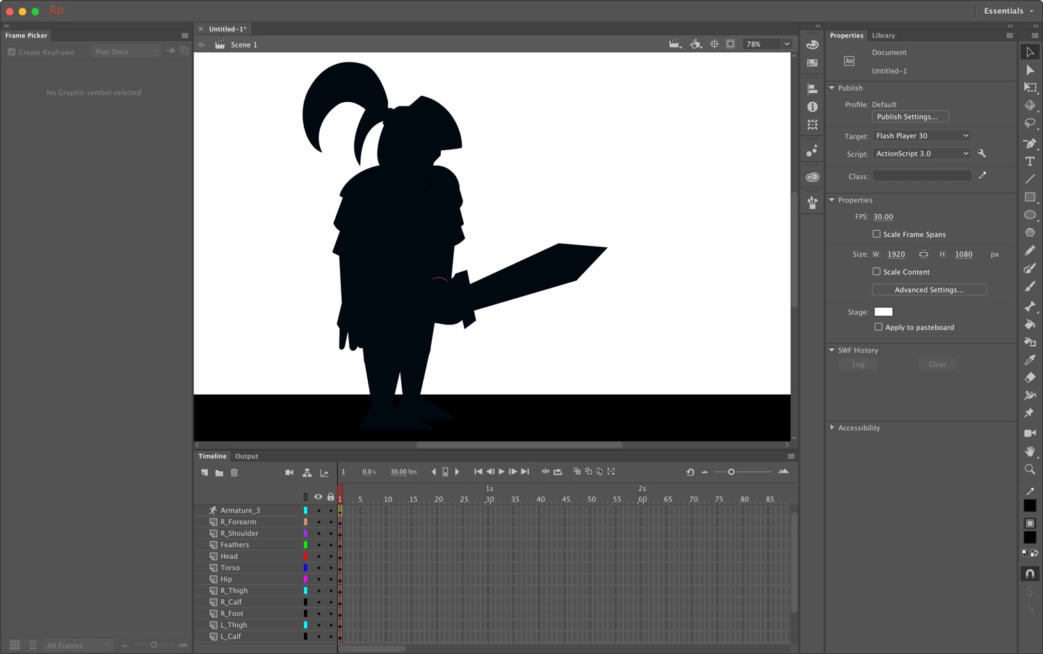 Screenshot of Adobe Animate with a silhouette of a knight in the canvas.