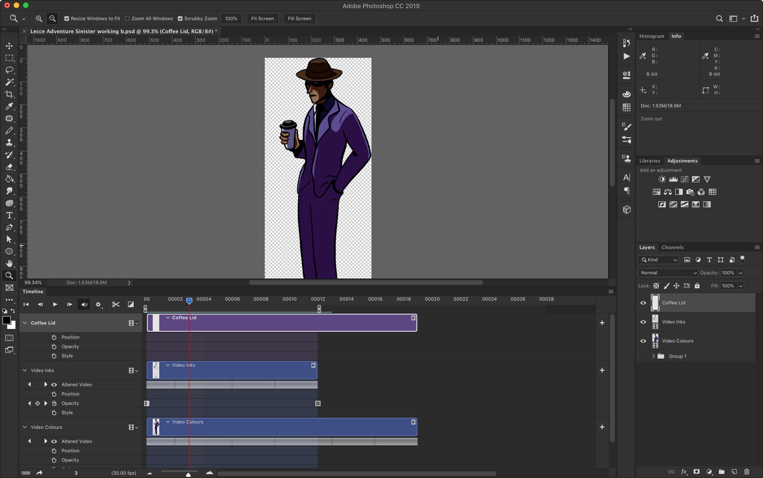 Screenshot of Photoshop in animation mode. In the middle of the screen is a silhouette of a knight and at the bottom is Photoshop's video editing timeline.