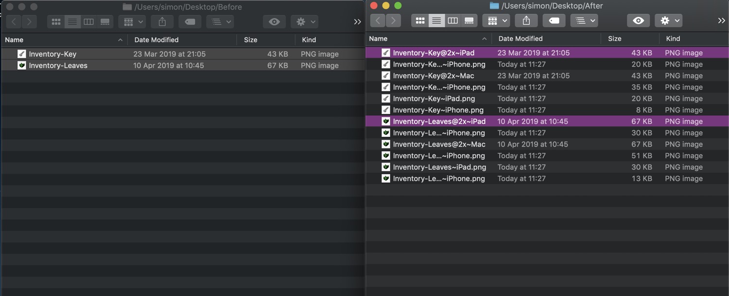 Screenshot showing two finder windows. On the left are two image files showing the before state, on the right 12 files showing the after state.