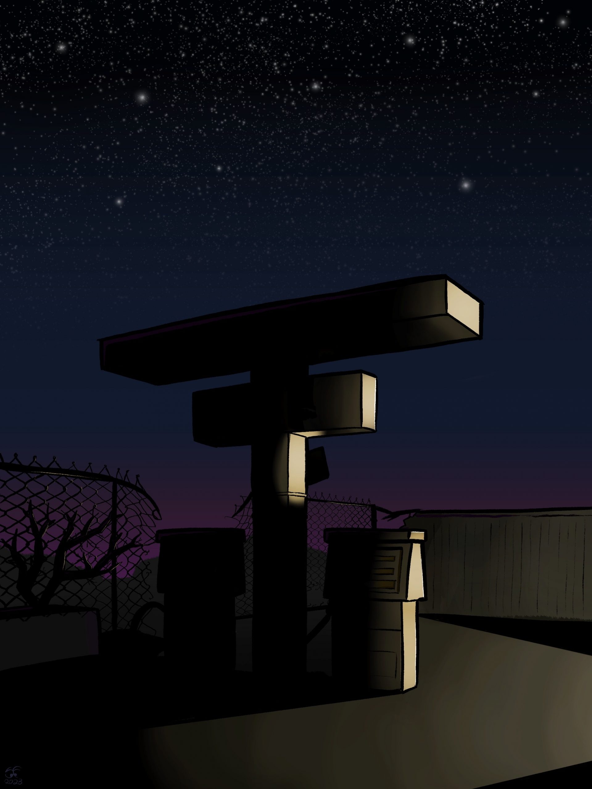 Illustration of a dark abandoned gas station in the middle of nowhere that is being lit from the right by approaching headlights